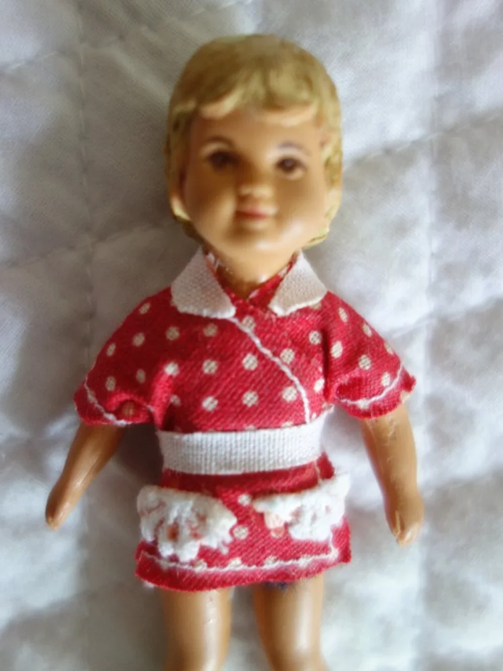 Vntg German ARI Rubber Dollhouse Doll w/ Molded Hair Red Dress